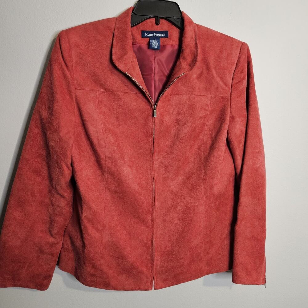 Evan Picone Faux Suede Jacket Zip Up Red Collared Blazer Jacket Women's Sz 10
